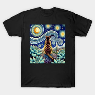 Cat design inspired by Vincent Van Gogh and Succulents T-Shirt